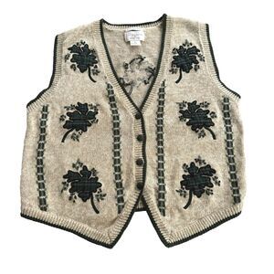 Vtg 90s Christopher Banks Sweater Vest Beige Irish Embroidered Cottagecore S